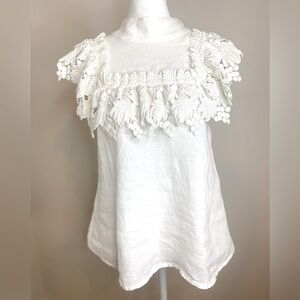 Haris cotton 100% Linen White Mock Neck Lace Embroidered Collar Sz XSmall